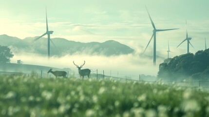 Defocused misty mountains blended with wind turbines and grazing deer in the foreground highlighting the harmony between nature and renewable energy. . - obrazy, fototapety, plakaty