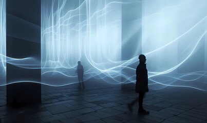 Mysterious figures stand amongst ethereal light waves, conveying a sense of music and emotion - obrazy, fototapety, plakaty