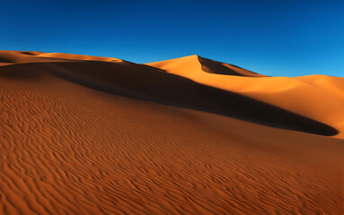 Dünen in der Wüste, Licht von der Seite, lange Schatten, tiefblauer Himmel, Nachmittag.  - obrazy, fototapety, plakaty