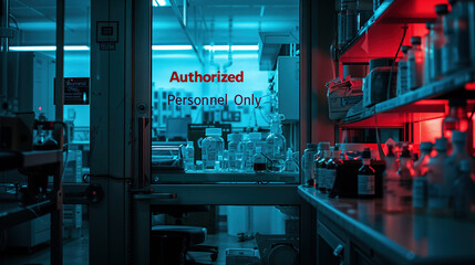 Modern laboratory interior with restricted access sign