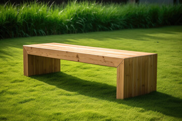 Pine bench on a manicured lawn against a lush plant backdrop.