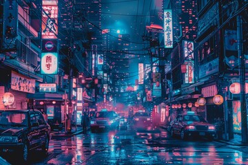 a city street at night with a lot of cars and buildings - obrazy, fototapety, plakaty