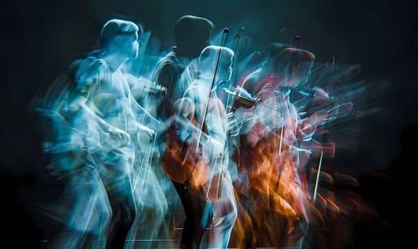 Artistic long-exposure shot capturing the dynamic motion of a classical music ensemble