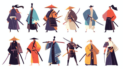 Collection of samurai isolated on white background.