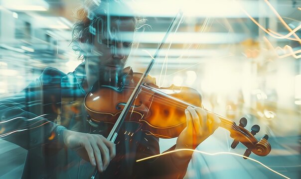 Dynamic portrait of a musician playing the violin with city light trails swirling around him