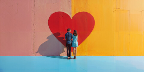 Romantic couple at colorful heart mural