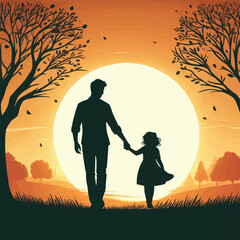 Happy Father's Day Background. Silhouette of Family in the mountains and trees vector illustration - obrazy, fototapety, plakaty