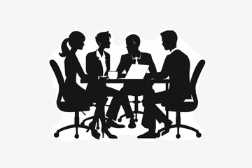 
Teamwork. A team of colleagues discuss and carry out a project. Employees of the company together at the desktop vector icon, white background, black colour icon