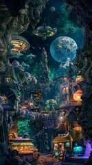 Obraz premium Urban art of city in cave with electric blue planet backdrop