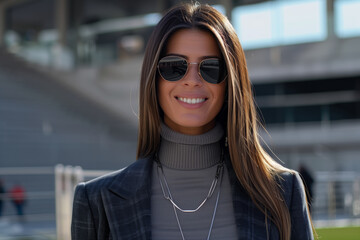 Woman wearing sunglasses and a black jacket is smiling