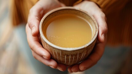 A person holding a cup of bone broth a nutrientrich drink commonly used in biohacking diets to aid in muscle recovery and repair. .
