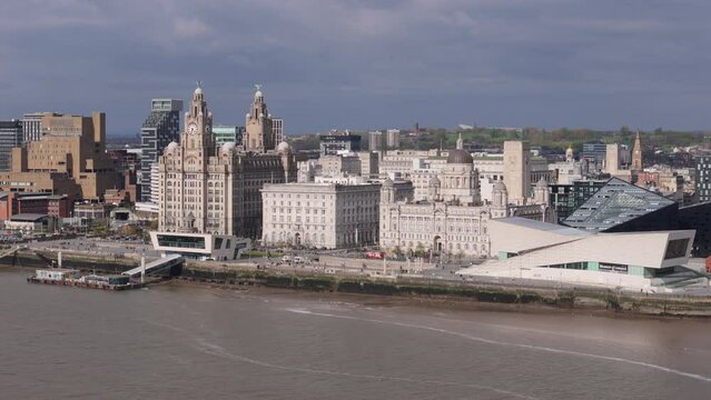 Aerial view of Liverpool skyline with the Three Graces in the centre of the frame