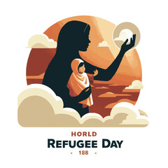 Vector illustration, silhouettes of refugee families walking towards a refugee camp, as a banner, poster or template for world refugee day.