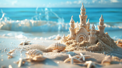Majestic sandcastle with seashells on a sunlit beach with gentle waves - obrazy, fototapety, plakaty