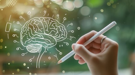 A hand drawing a diagram of the brain and highlighting areas that are impacted by neuroplasticity showcasing how rewiring the brain can lead to improved function. .