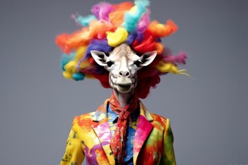 a giraffe dressed in colorful clothing in the style of energetic vibes