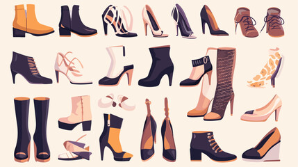 Collection of stylish elegant shoes and boots of di - obrazy, fototapety, plakaty