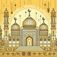 Free vector Eid Mubarak line half mosque design deep yellow background