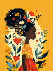Naklejka premium A captivating illustration of a young girl surrounded by a flourishing array of stylized flowers, blending nature with a warm, nurturing theme..