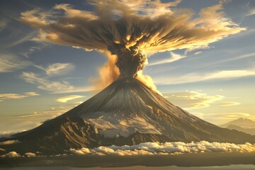 Volcanic eruption volcano erupting with smoke ashes old mountain peak sky covered with fumes...