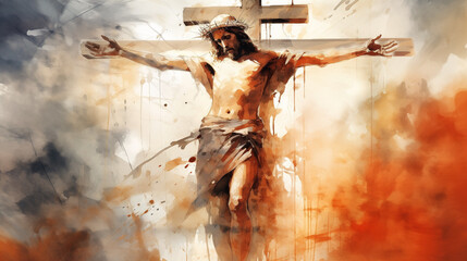 Sacrifice on cross, and ultimate triumph of faith through resurrection in a stunning portrayal of crucifixion narrative. Using watercolor as an expression, artist depicted passion of Jesus Christ. - obrazy, fototapety, plakaty