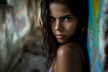 Naklejka premium Woman with wet hair is standing in front of a wall