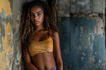 Fototapeta premium Young woman in a yellow tank top stands in front of a wall