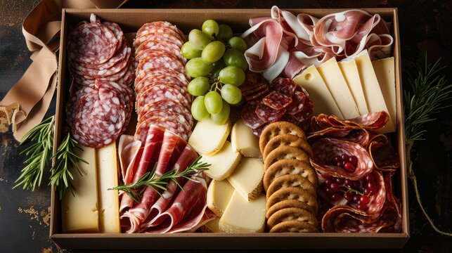 Charcuterie arrangement in a gift box with sliced meat cheese crackers and grapes arranged neatly in a flat lay