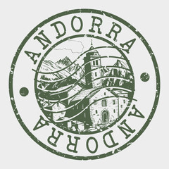 Andorra, Stamp Postal. Silhouette Seal. Passport Round Design. Vector Icon. Design Retro Travel. National Symbol. - obrazy, fototapety, plakaty
