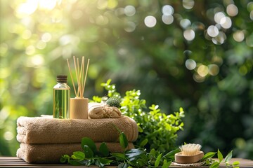 Spa and wellness setting with bamboo sticks, towel, oil bottle, towel, massage brush and green...