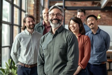 Portrait of a smiling senior businessman standing in front of his team