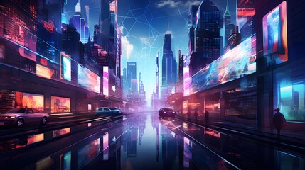 Panoramic view of modern city at night with neon lights. Concept of business and technology.