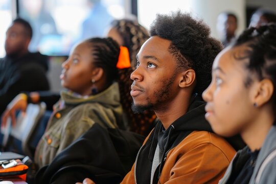 A diverse group of students attending a financial literacy seminar learning about budgeting. - Powered by Adobe