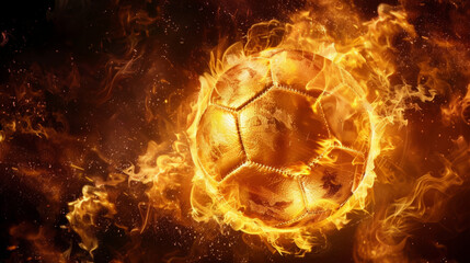 Naklejka premium An intense and dramatic image capturing a sport ball engulfed in flames against a stark black background, radiating energy and passion.
