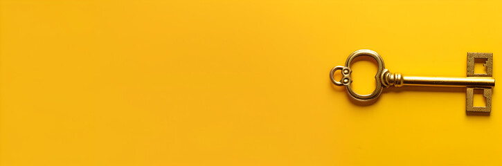 Golden Key web banner. Golden key isolated on yellow background with space for text.