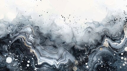 Abstract Design with Black Watercolor Marble Silver Watercolor Backdrop and Grey Spot Patterns