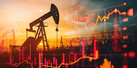 Oil pumpjacks, Oil price rise and energy market dynamics with visual charts