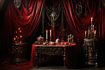 Vampire's Lair: Arrange jewelry on a dark velvet surface with red velvet drapes, candles, and vampire-themed props.