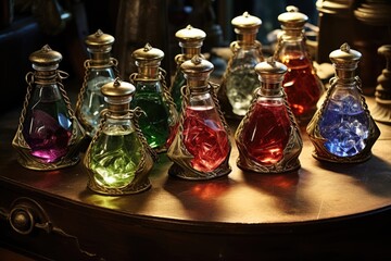 Obraz na płótnie Canvas Potion Bottles: Arrange jewelry around colorful potion bottles filled with mysterious liquids.