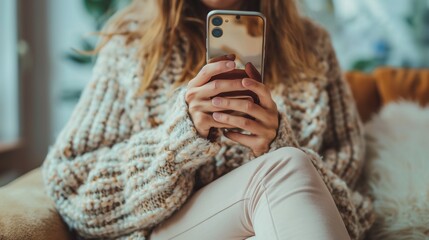 A young woman, dressed in a sweater, engages with her smartphone while at home, illustrating the concept of communication and social networking