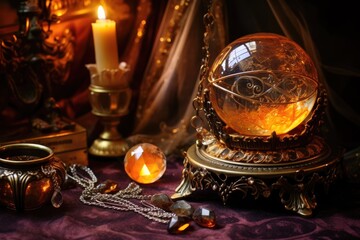 Fototapeta na wymiar Mystical Crystal Ball: Reflect jewelry in a crystal ball surrounded by candlelight and mystical ambiance.