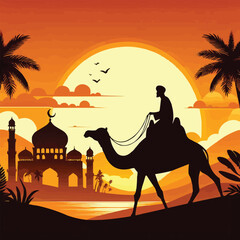 free vector Ramadan kareem sunset illustration. A man ride camel silhouette with sunset mosque, coconut tree, and sun background in ramadan moment