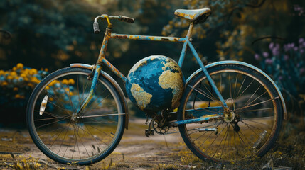 A bicycle with a globe as the front wheel, symbolizing global travel and sustainability