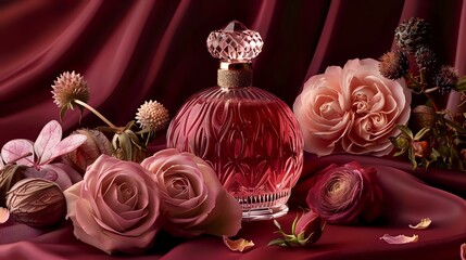 Natural Luxury: Glass Perfume Bottle with Botanical Arrangement