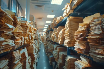Piles of paper office filled with paperwork full archive file documents stack of folders information outdated old technology digitalization reports unorganized history messy research collection - obrazy, fototapety, plakaty