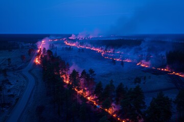 Obraz premium Wildforest fire burning forest trees eecological disaster smoke aerial view from helicopter danger death animals damage hazard blaze pollution tragedy