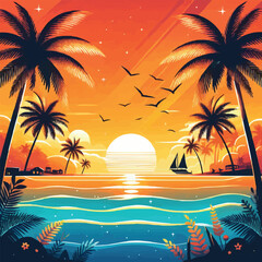 Fototapeta na wymiar Summer time vector banner design with white circle. summer stock photos, vectors, and illustrations are available royalty free. Summer T shirt Design, Summer vibes poster for t shirt print Palm tree.