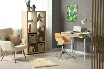 Home renovation. Room interior with stylish gray wallpaper on wall