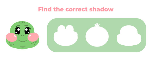 Find the correct shadow of cute kawaii turtle. Educational preschool kids, children mini game. Choose correct answer. Educational game for kids