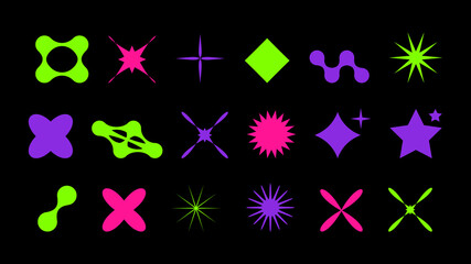 Abstract shapes in y2k style brutalist retro. Bright color. Green pink and purple. Set geometric shapes atmosphere future. For banner poster design web design. Vector illustration.